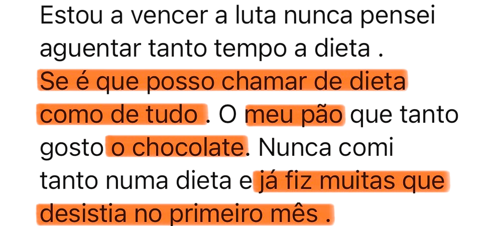 Feedback de cliente sobre consistência e progresso na dieta.