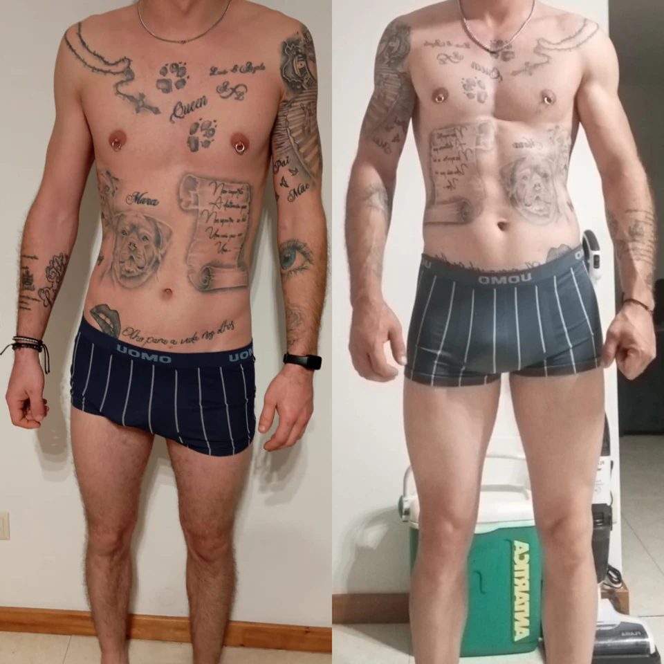 Comparação antes e depois de uma transformação com ganho de massa muscular.