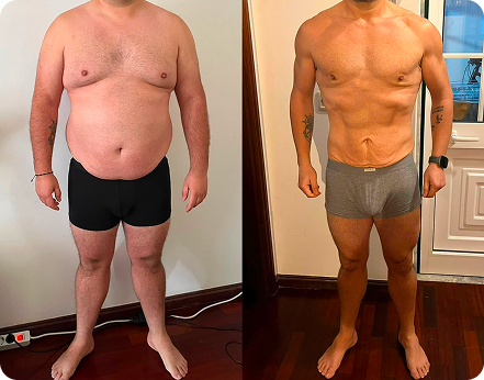 Comparação antes e depois de uma transformação com perda de 30 kg.